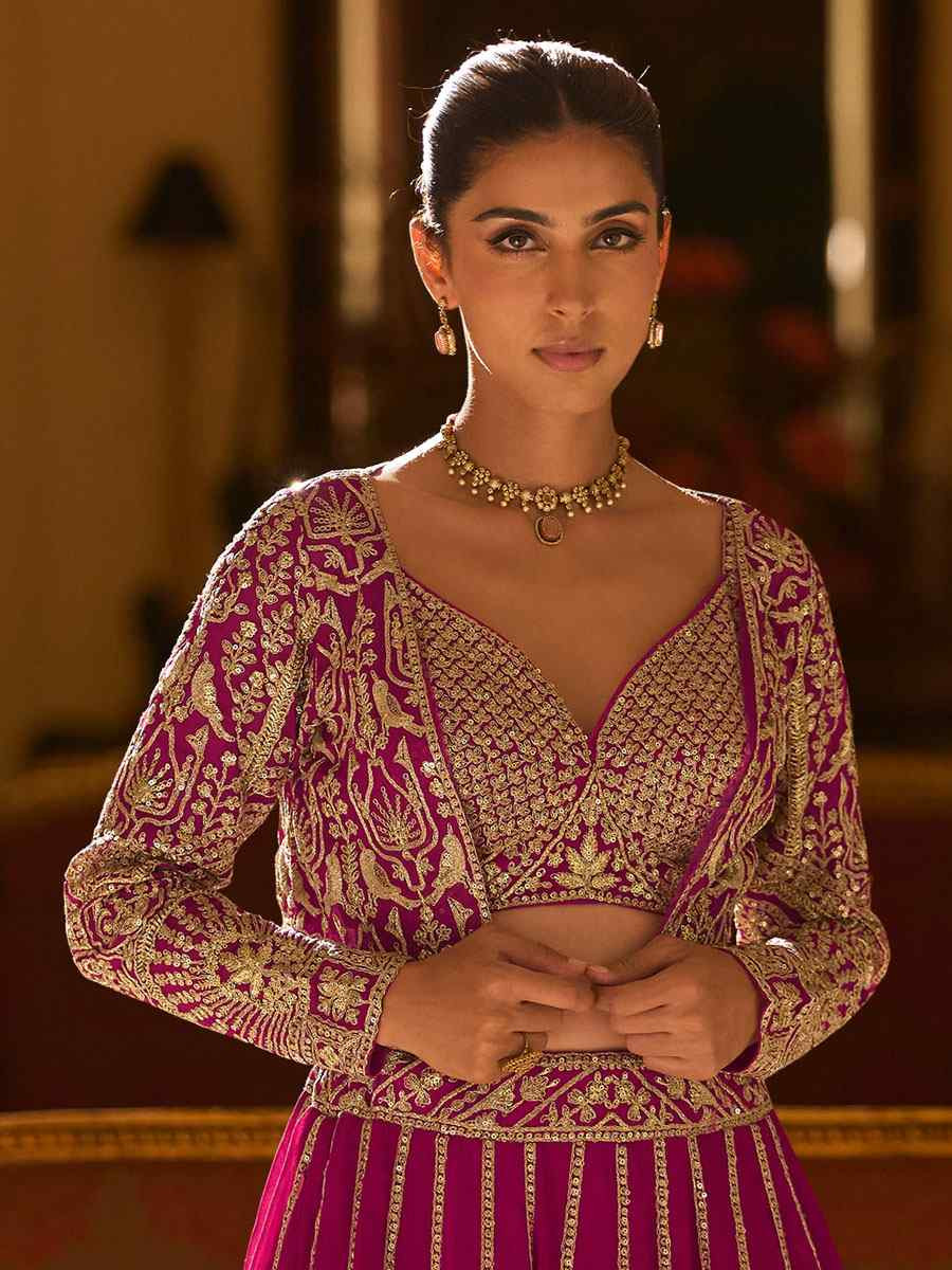 Pink Premium Real Georgette Embroidered Wedding Reception Festival Ready Heavy Border Shrug Lehenga Choli