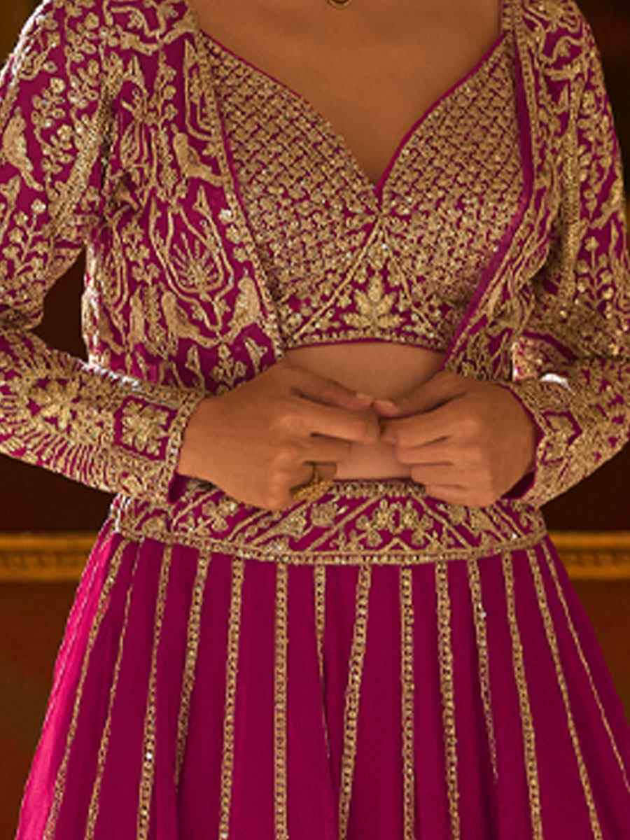 Pink Premium Real Georgette Embroidered Wedding Reception Festival Ready Heavy Border Shrug Lehenga Choli