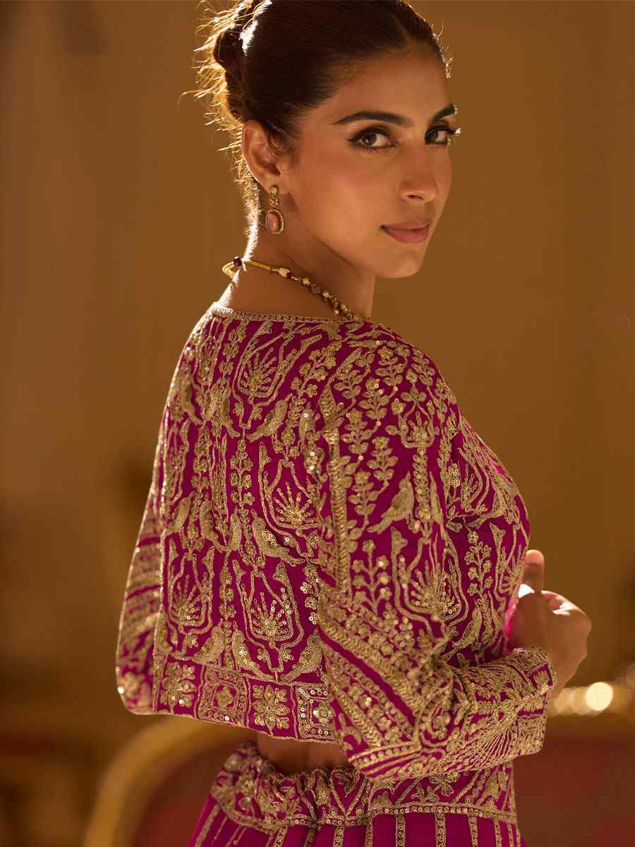 Pink Premium Real Georgette Embroidered Wedding Reception Festival Ready Heavy Border Shrug Lehenga Choli