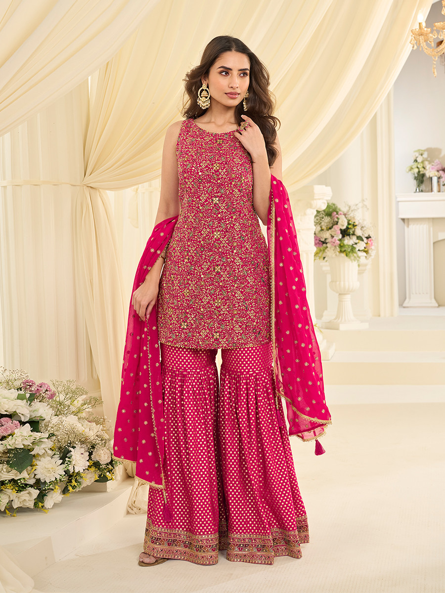 Pink Premium Real Georgette Embroidery Sequins Zari Wedding Party Festival Ready Sharara Pant Salwar Kameez