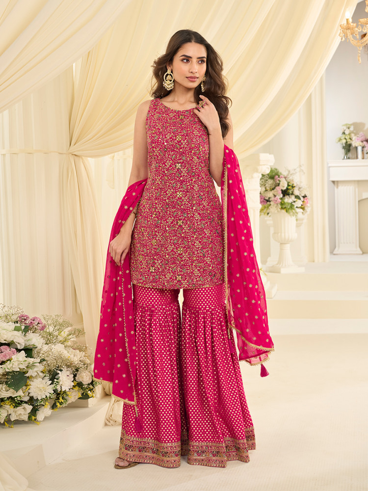 Image of Pink Premium Real Georgette Embroidery Sequins Zari Wedding Party Festival Ready Sharara Pant Salwar Kameez