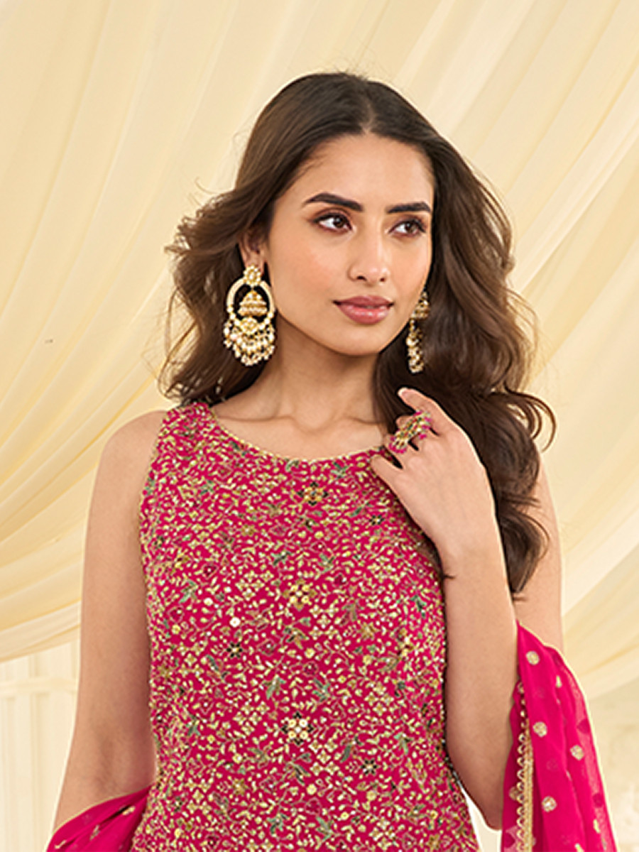 Pink Premium Real Georgette Embroidery Sequins Zari Wedding Party Festival Ready Sharara Pant Salwar Kameez