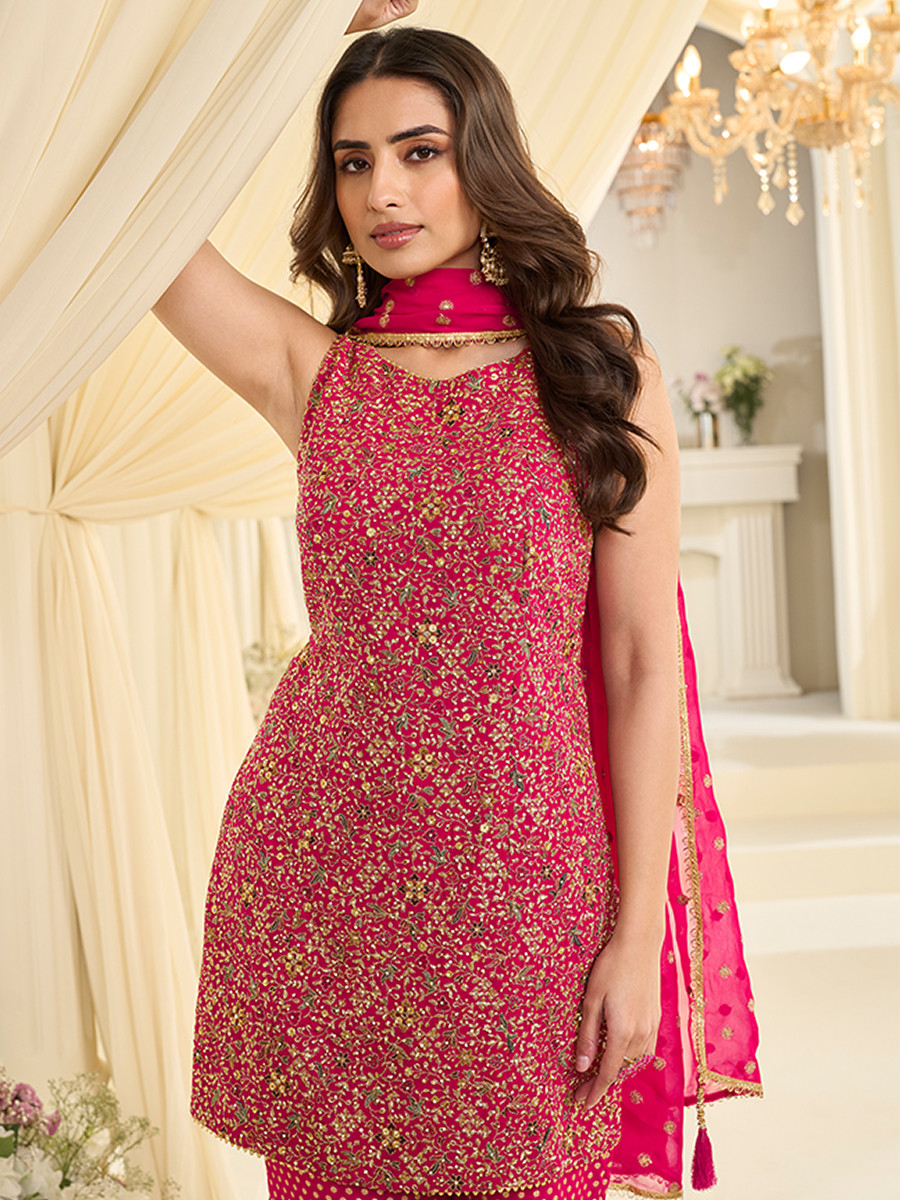 Pink Premium Real Georgette Embroidery Sequins Zari Wedding Party Festival Ready Sharara Pant Salwar Kameez