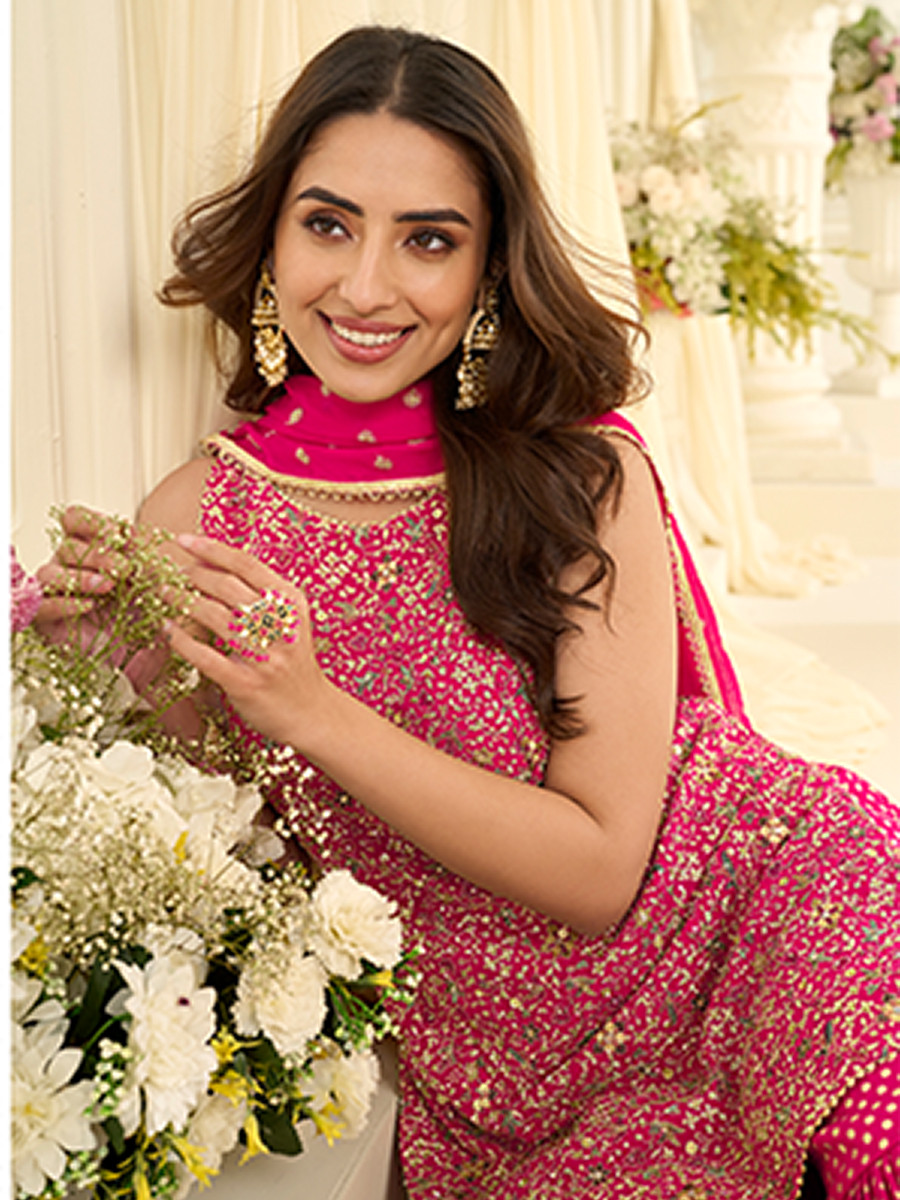 Pink Premium Real Georgette Embroidery Sequins Zari Wedding Party Festival Ready Sharara Pant Salwar Kameez
