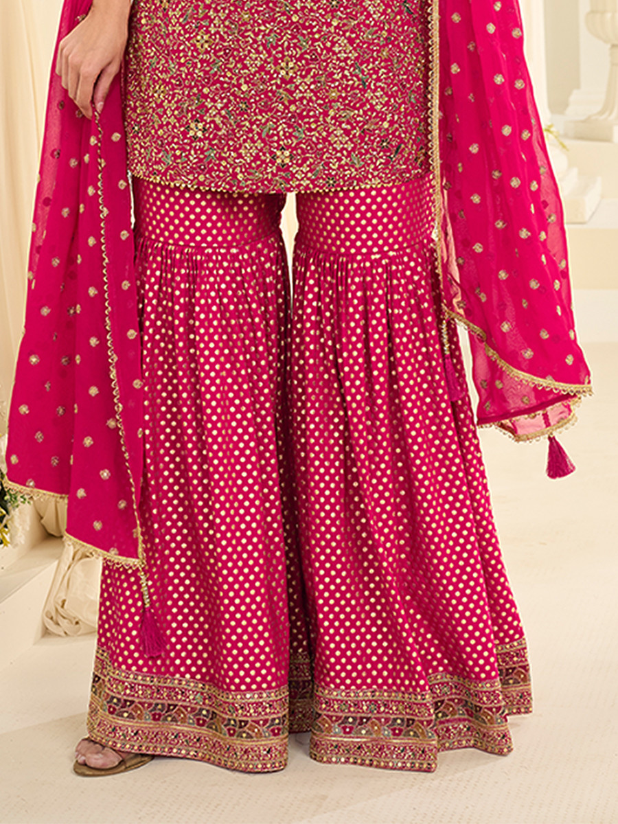 Pink Premium Real Georgette Embroidery Sequins Zari Wedding Party Festival Ready Sharara Pant Salwar Kameez