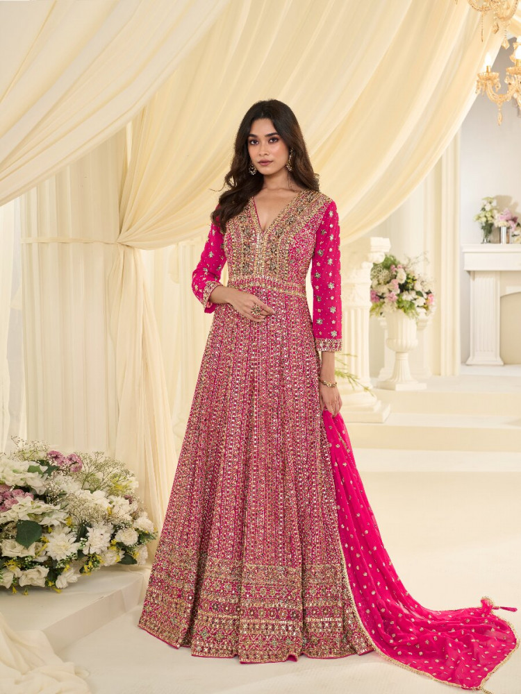 Image of Pink Premium Real Georgette Embroidery Zari Sequins Wedding Festival Party Ready Anarkali Salwar Kameez
