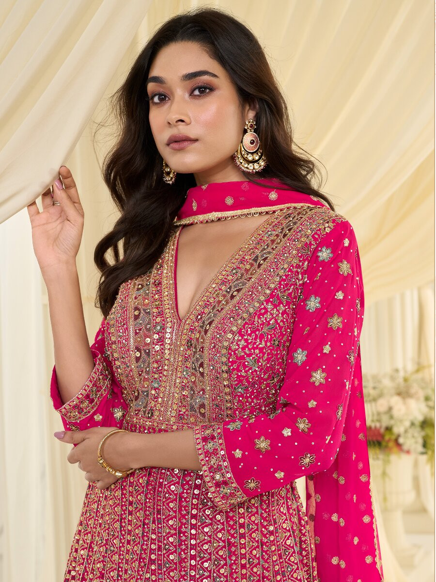 Pink Premium Real Georgette Embroidery Zari Sequins Wedding Festival Party Ready Anarkali Salwar Kameez