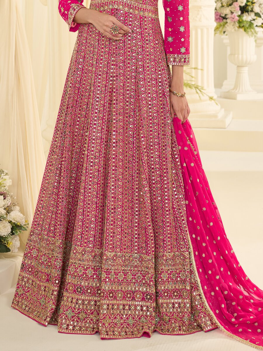 Pink Premium Real Georgette Embroidery Zari Sequins Wedding Festival Party Ready Anarkali Salwar Kameez