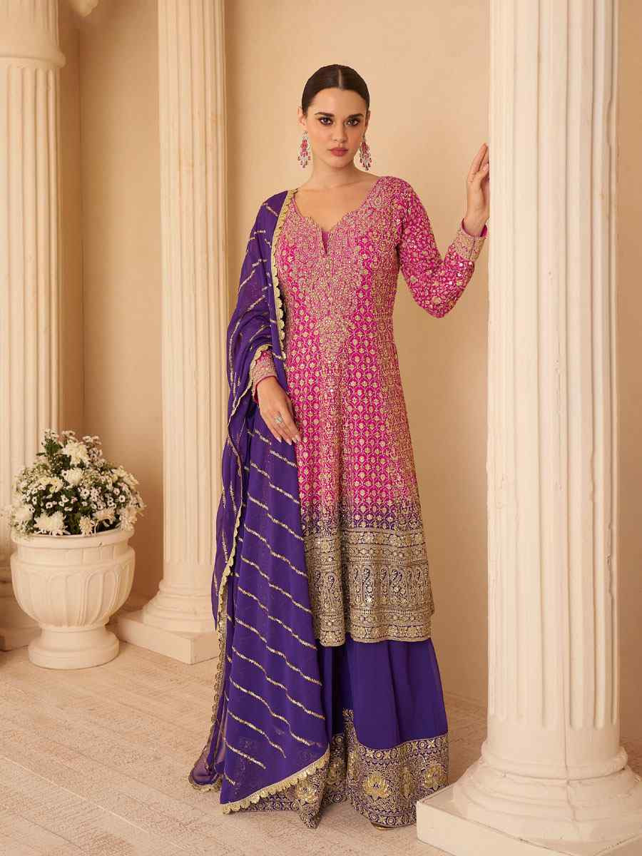 Pink Premium Real Gerogette Embroidered Party Wedding Ready Palazzo Pant Salwar Kameez