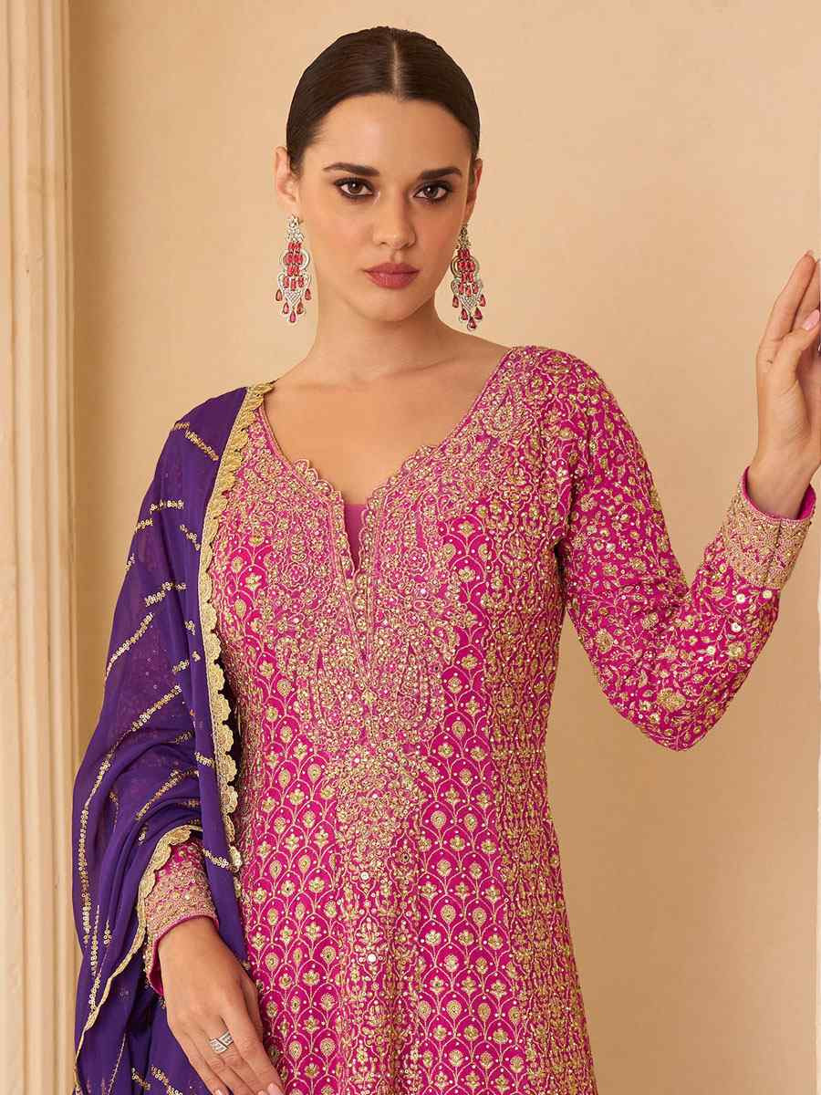 Pink Premium Real Gerogette Embroidered Party Wedding Ready Palazzo Pant Salwar Kameez
