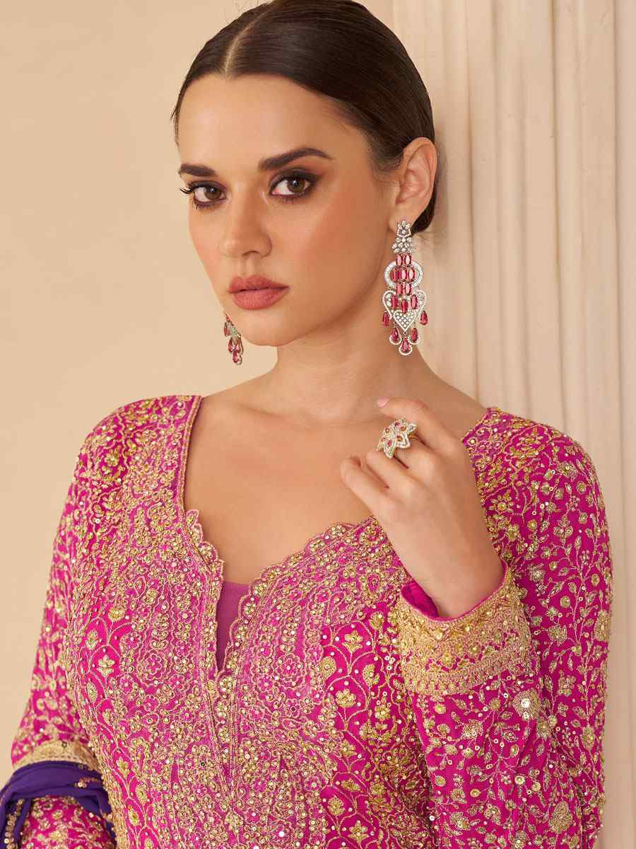 Pink Premium Real Gerogette Embroidered Party Wedding Ready Palazzo Pant Salwar Kameez