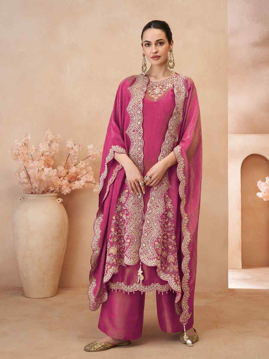 Pink Premium Real Simar Silk Embroidery Party Wedding Festival Casual Ready Pant Salwar Kameez