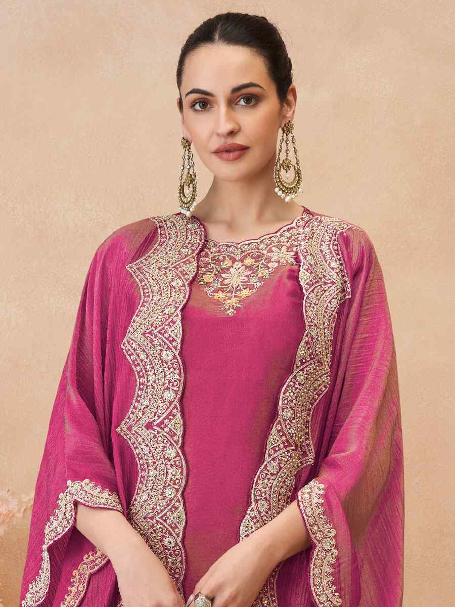 Pink Premium Real Simar Silk Embroidery Party Wedding Festival Casual Ready Pant Salwar Kameez