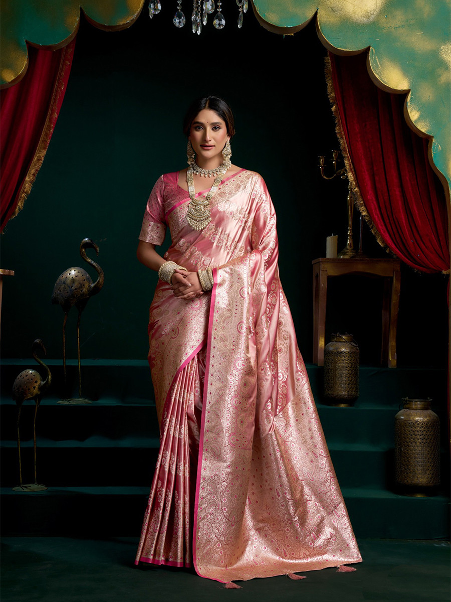 Pink Premium Satin Silk Brocade Zari Traditional Wedding Party Festival Heavy Border Sarees