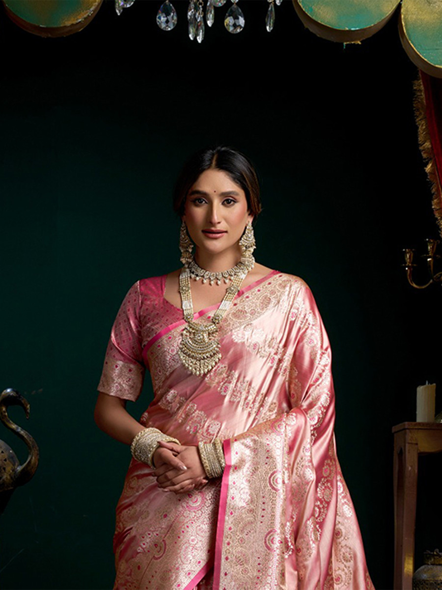 Pink Premium Satin Silk Brocade Zari Traditional Wedding Party Festival Heavy Border Sarees