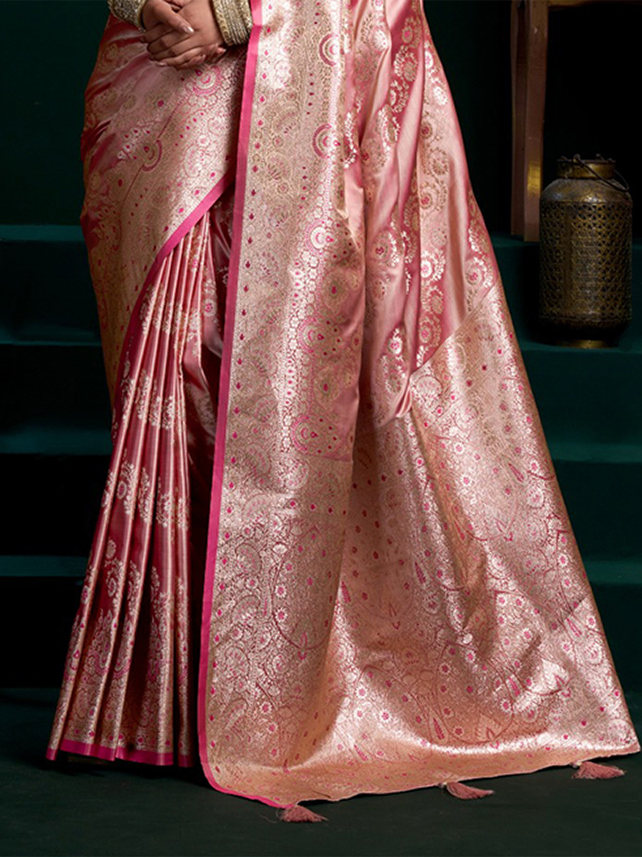 Pink Premium Satin Silk Brocade Zari Traditional Wedding Party Festival Heavy Border Sarees