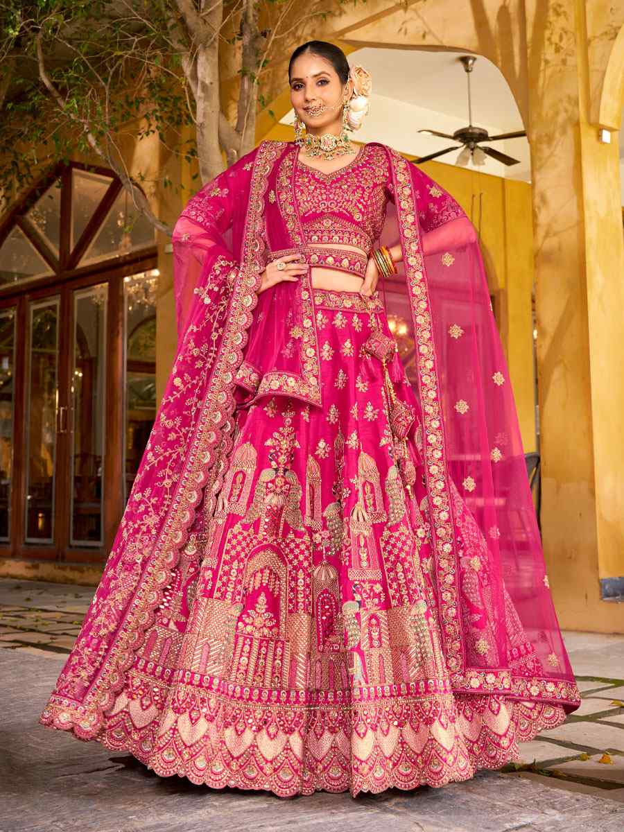 Pink Premium Silk  Embroidered Bridal Wedding Reception Festival Heavy Border Lehenga Choli