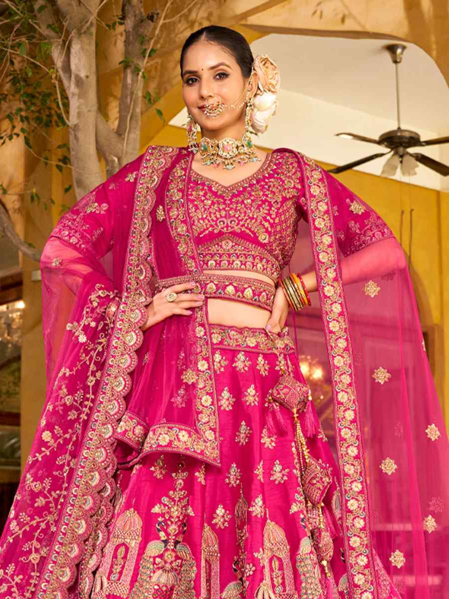 Pink Premium Silk  Embroidered Bridal Wedding Reception Festival Heavy Border Lehenga Choli