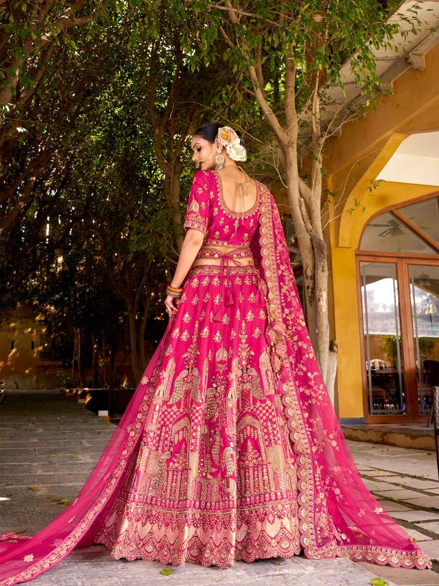 Pink Premium Silk  Embroidered Bridal Wedding Reception Festival Heavy Border Lehenga Choli
