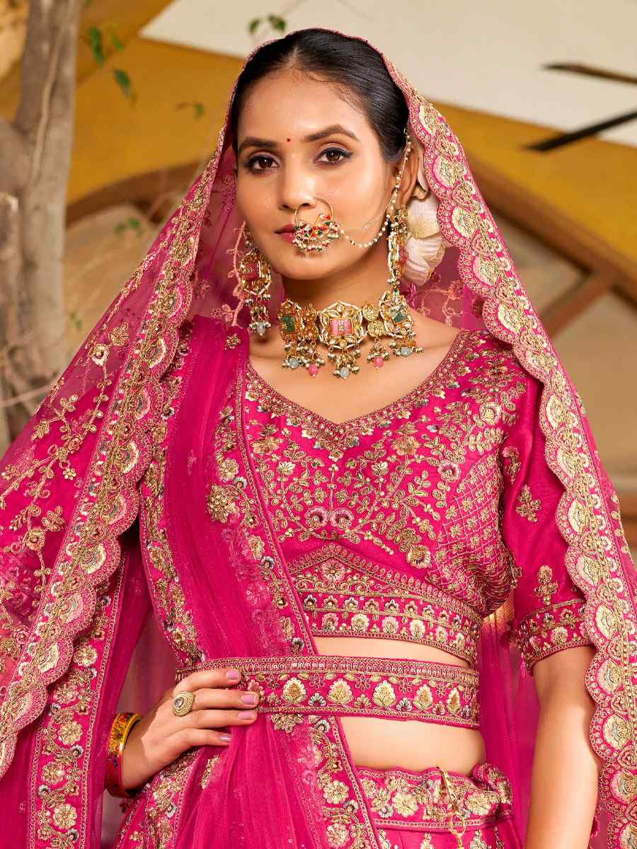 Pink Premium Silk  Embroidered Bridal Wedding Reception Festival Heavy Border Lehenga Choli