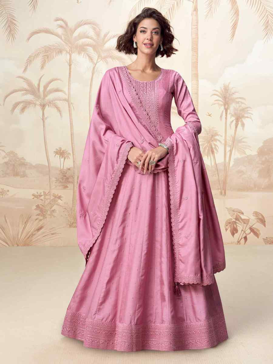 Pink Premium Silk Embroidered Festival Casual Gown