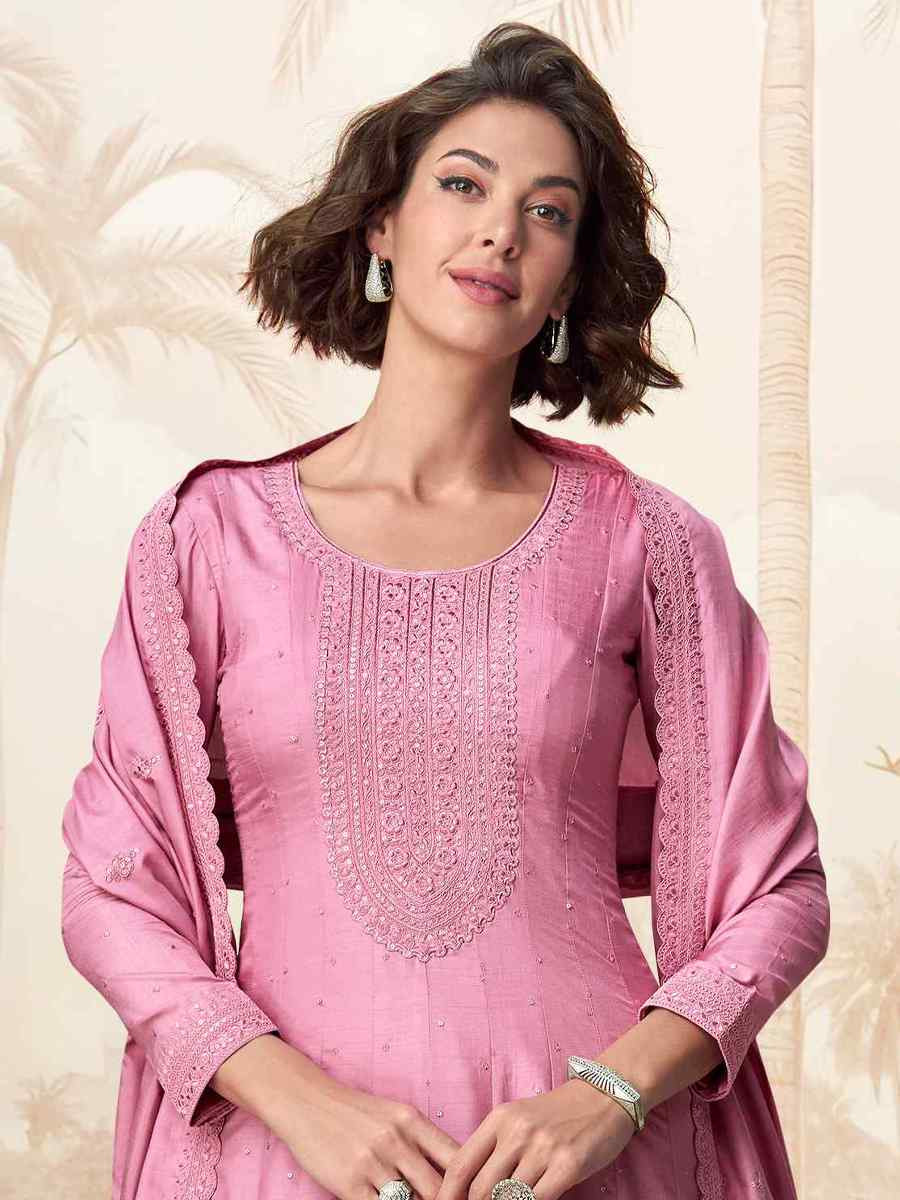 Pink Premium Silk Embroidered Festival Casual Gown