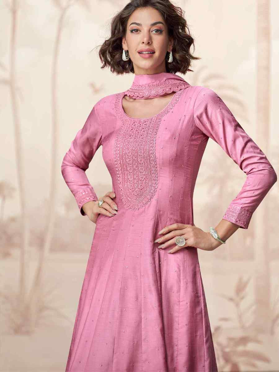 Pink Premium Silk Embroidered Festival Casual Gown