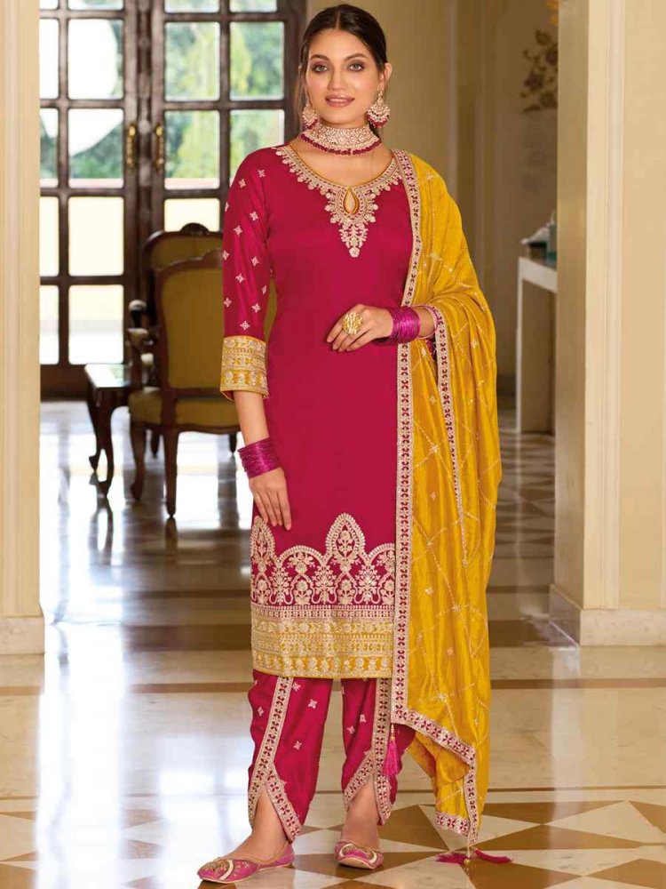 Pink Premium Silk Embroidered Festival Mehendi Ready Patiala Salwar Kameez