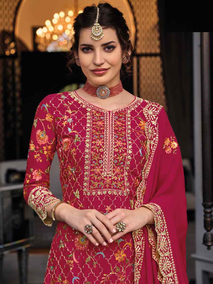 Pink Premium Silk Embroidered Festival Wedding Palazzo Pant Salwar Kameez