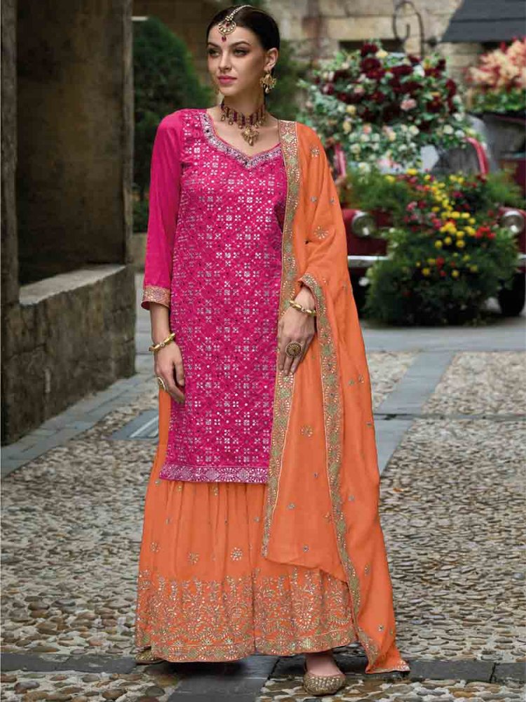 Pink Premium Silk Embroidered Festival Wedding Palazzo Pant Salwar Kameez