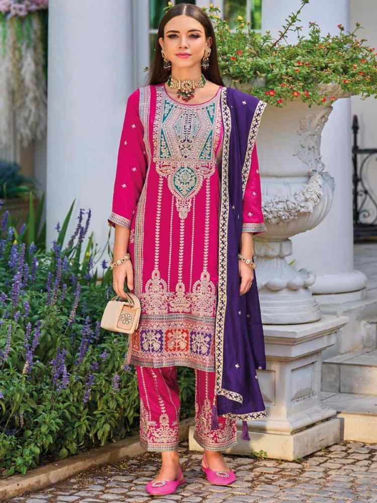 Pink Premium Silk Embroidered Festival Wedding Ready Pant Salwar Kameez