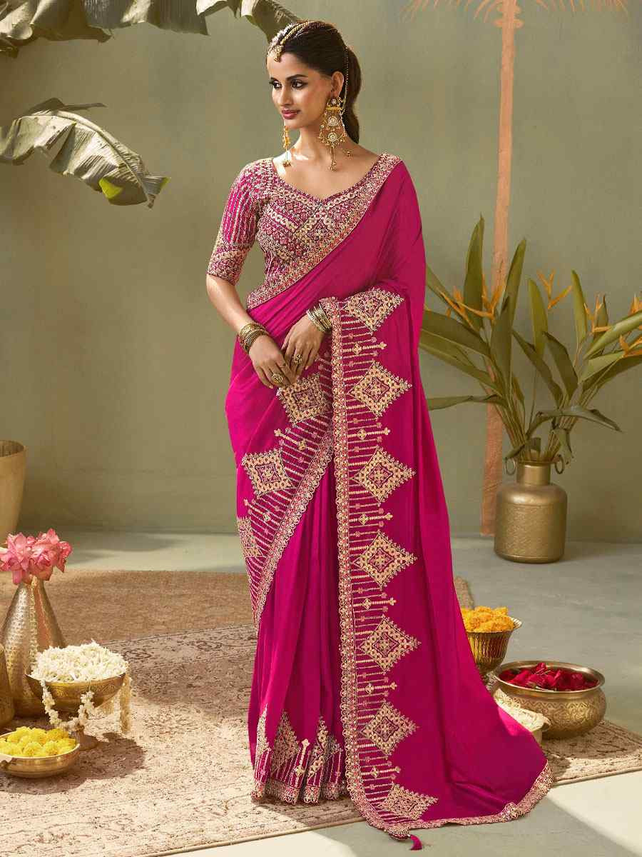 Pink Premium Silk Embroidery Festival Wedding Fancy Classic Heavy Border Saree