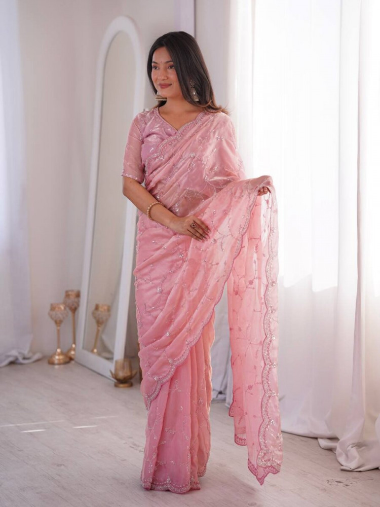 Image of Pink Premium Two Tone Fandy Silk Embroidery Sequins Wedding Reception Party Festival Casual Heavy Border Sarees