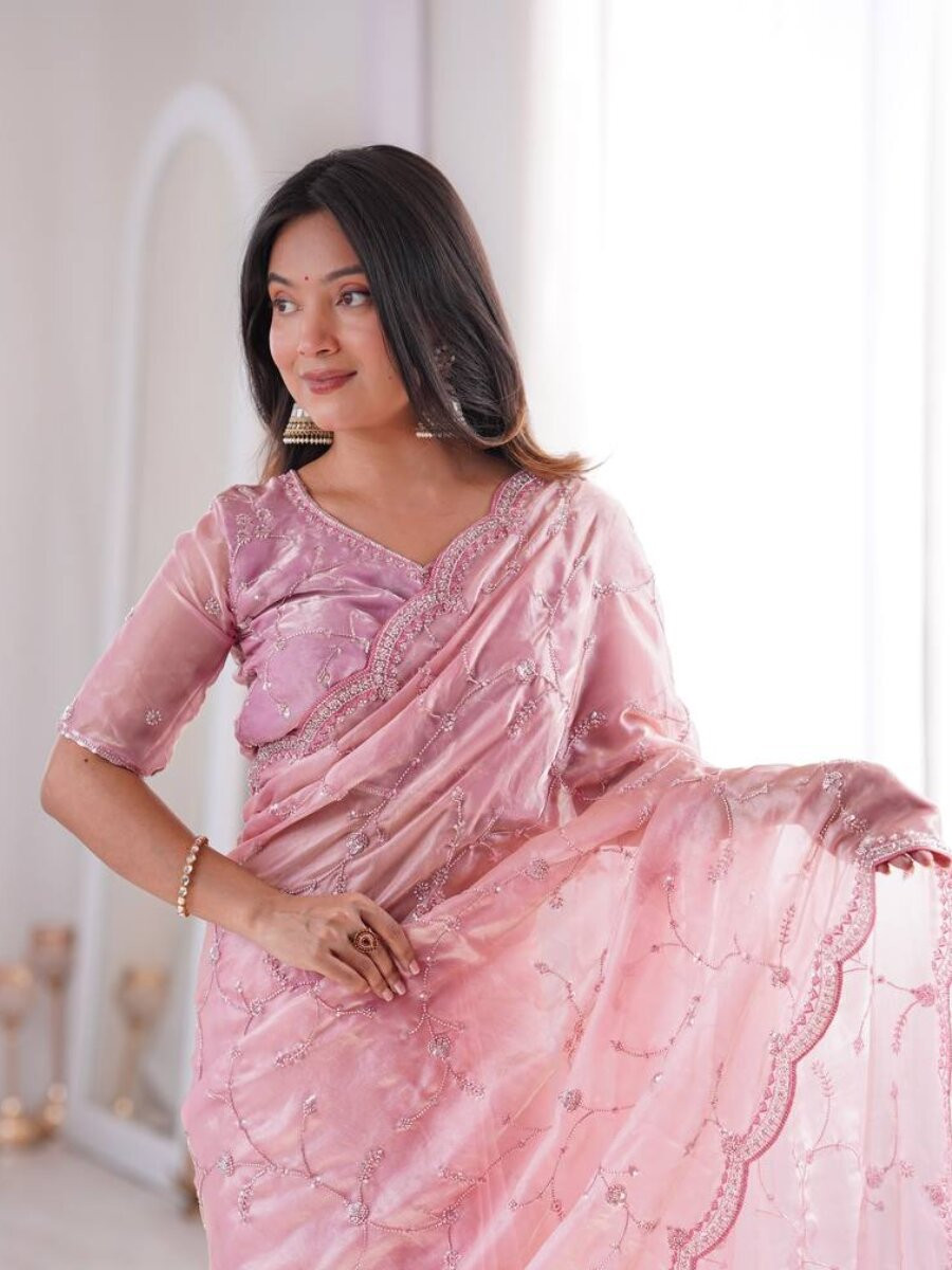 Pink Premium Two Tone Fandy Silk Embroidery Sequins Wedding Reception Party Festival Casual Heavy Border Sarees