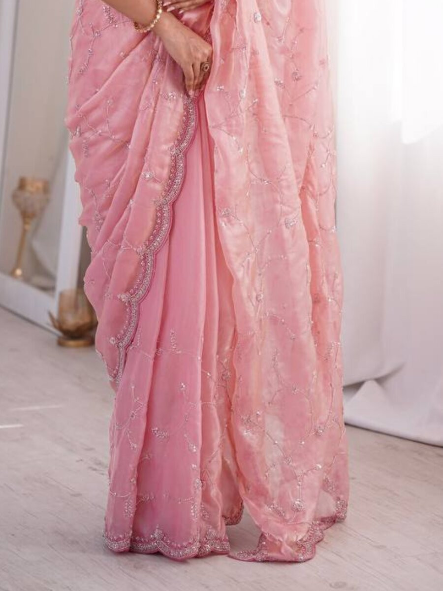 Pink Premium Two Tone Fandy Silk Embroidery Sequins Wedding Reception Party Festival Casual Heavy Border Sarees