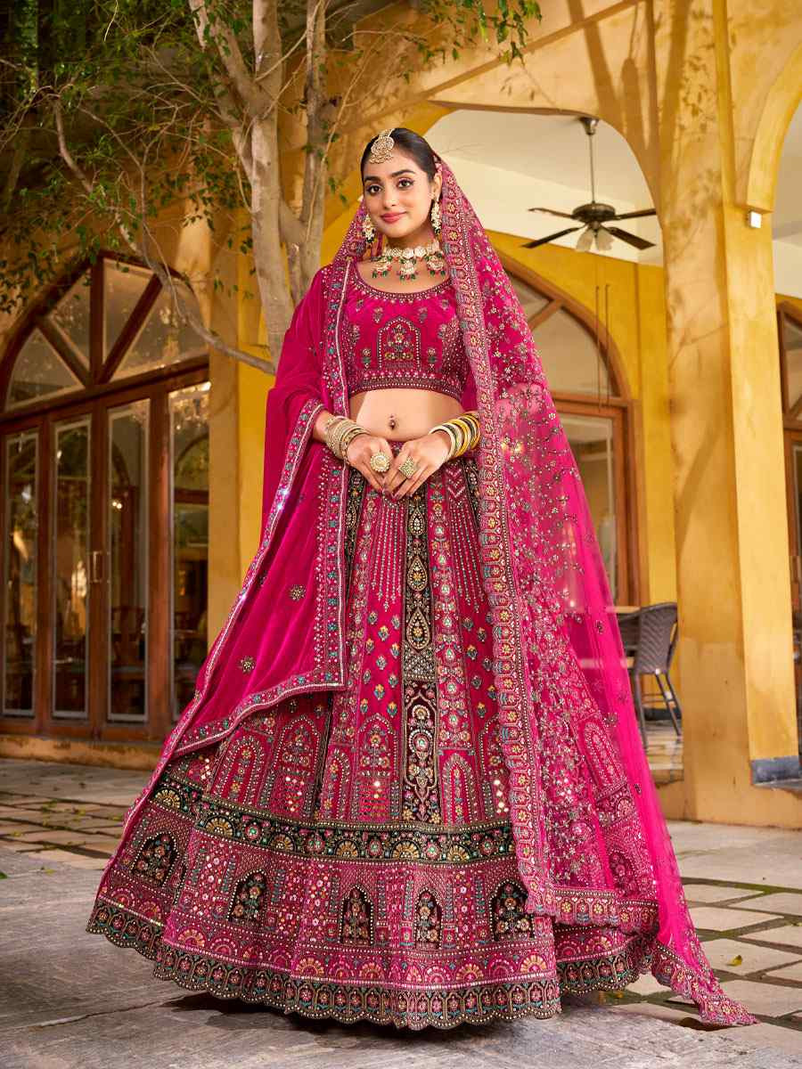 Pink Premium Velvet Embroidered Bridal Wedding Reception Festival Heavy Border Lehenga Choli