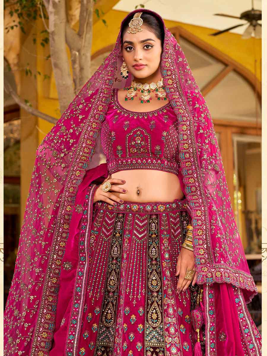 Pink Premium Velvet Embroidered Bridal Wedding Reception Festival Heavy Border Lehenga Choli