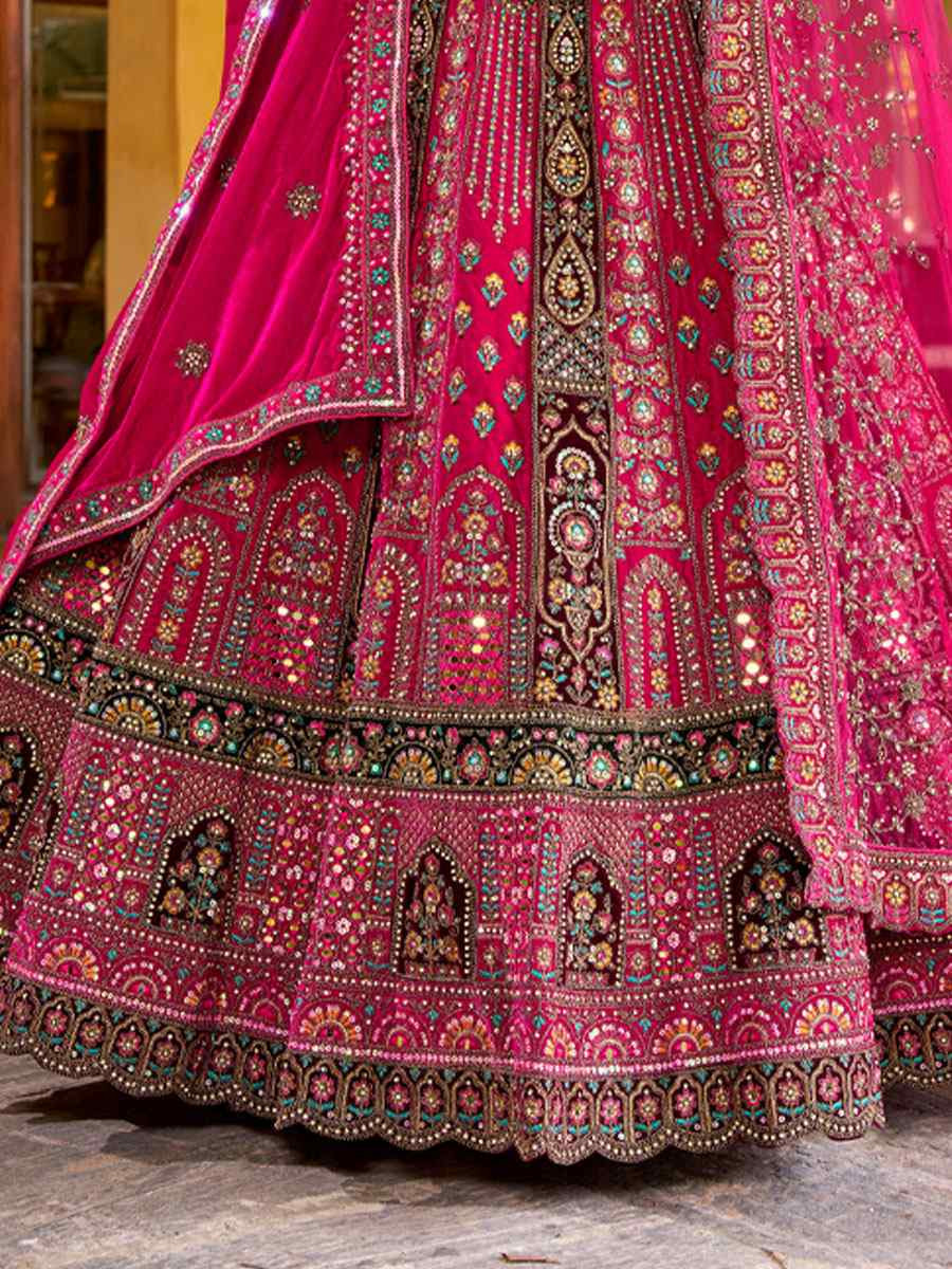 Pink Premium Velvet Embroidered Bridal Wedding Reception Festival Heavy Border Lehenga Choli