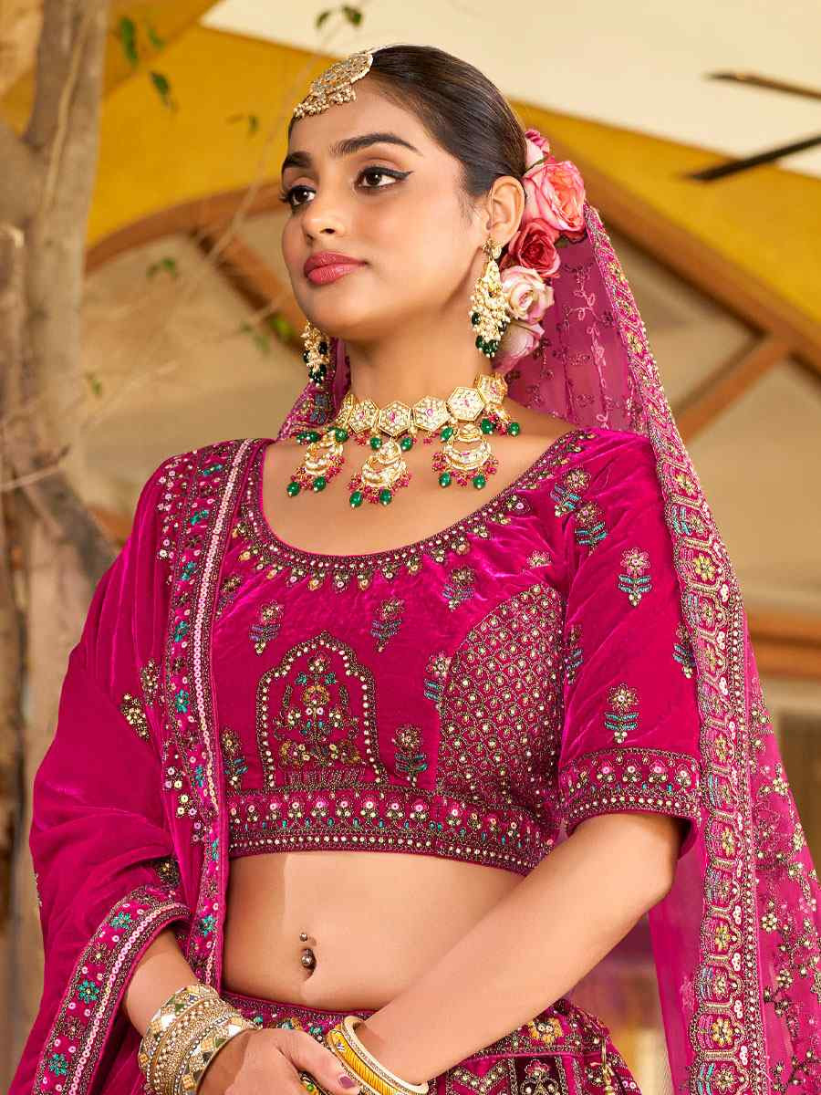 Pink Premium Velvet Embroidered Bridal Wedding Reception Festival Heavy Border Lehenga Choli