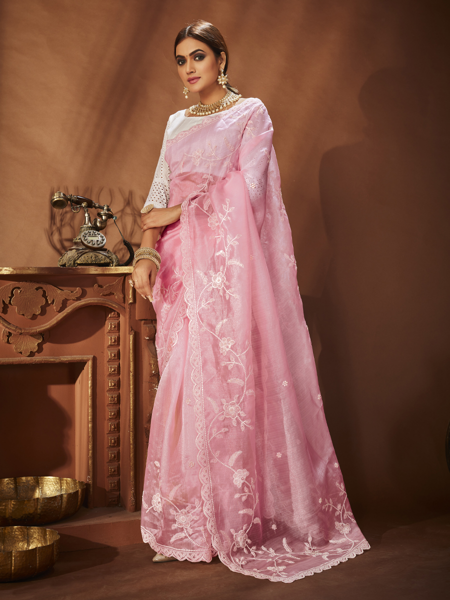 Pink Premiume Organza Embroidered Party Festival Classic Style Saree