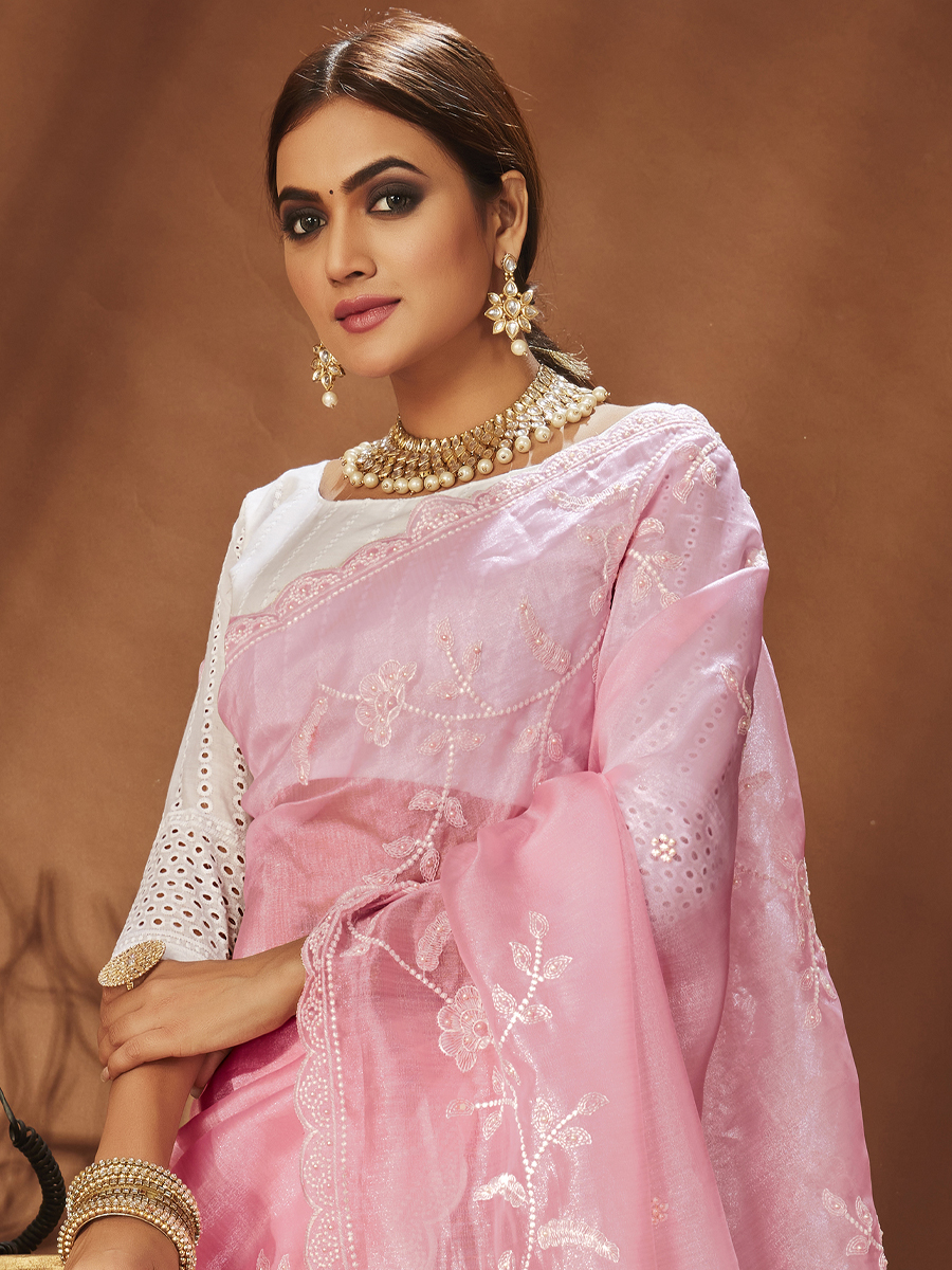 Pink Premiume Organza Embroidered Party Festival Classic Style Saree