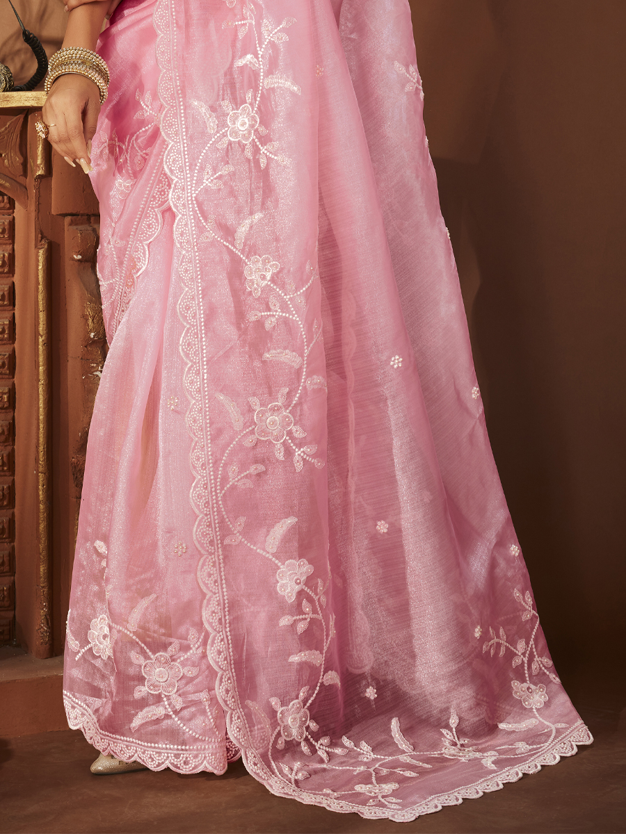 Pink Premiume Organza Embroidered Party Festival Classic Style Saree