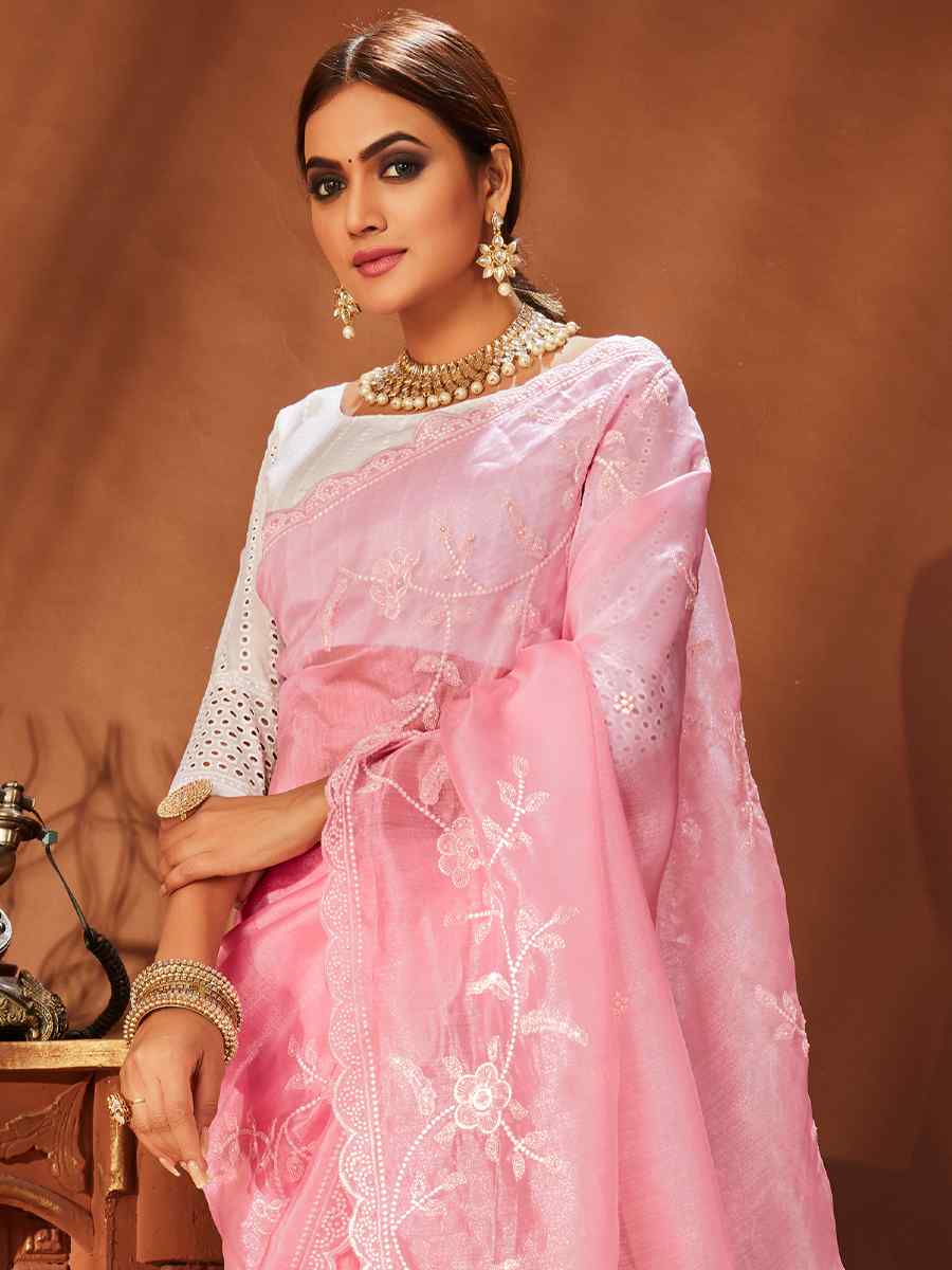 Pink Primiume Organza Embroidered Party Festival Classic Style Saree
