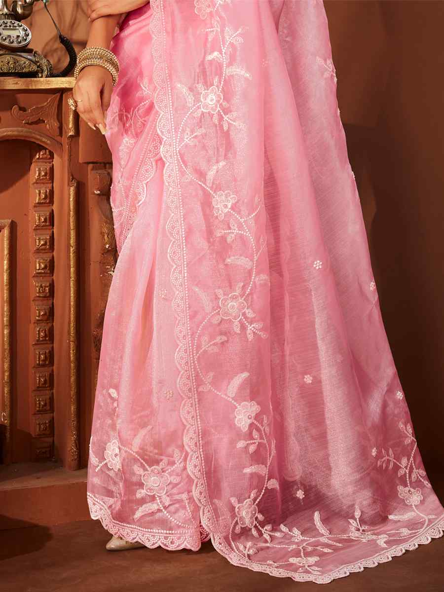Pink Primiume Organza Embroidered Party Festival Classic Style Saree