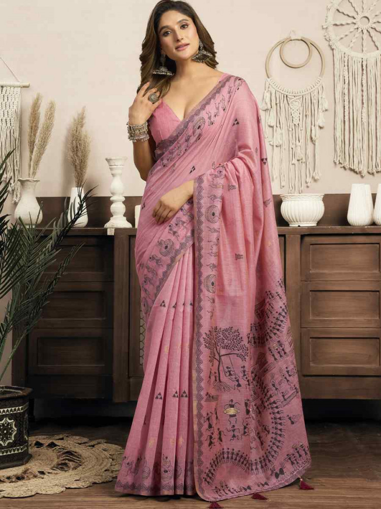 Image of Pink Printed Casual Reception Festival Wedding Fancy Heavy Border Sarees