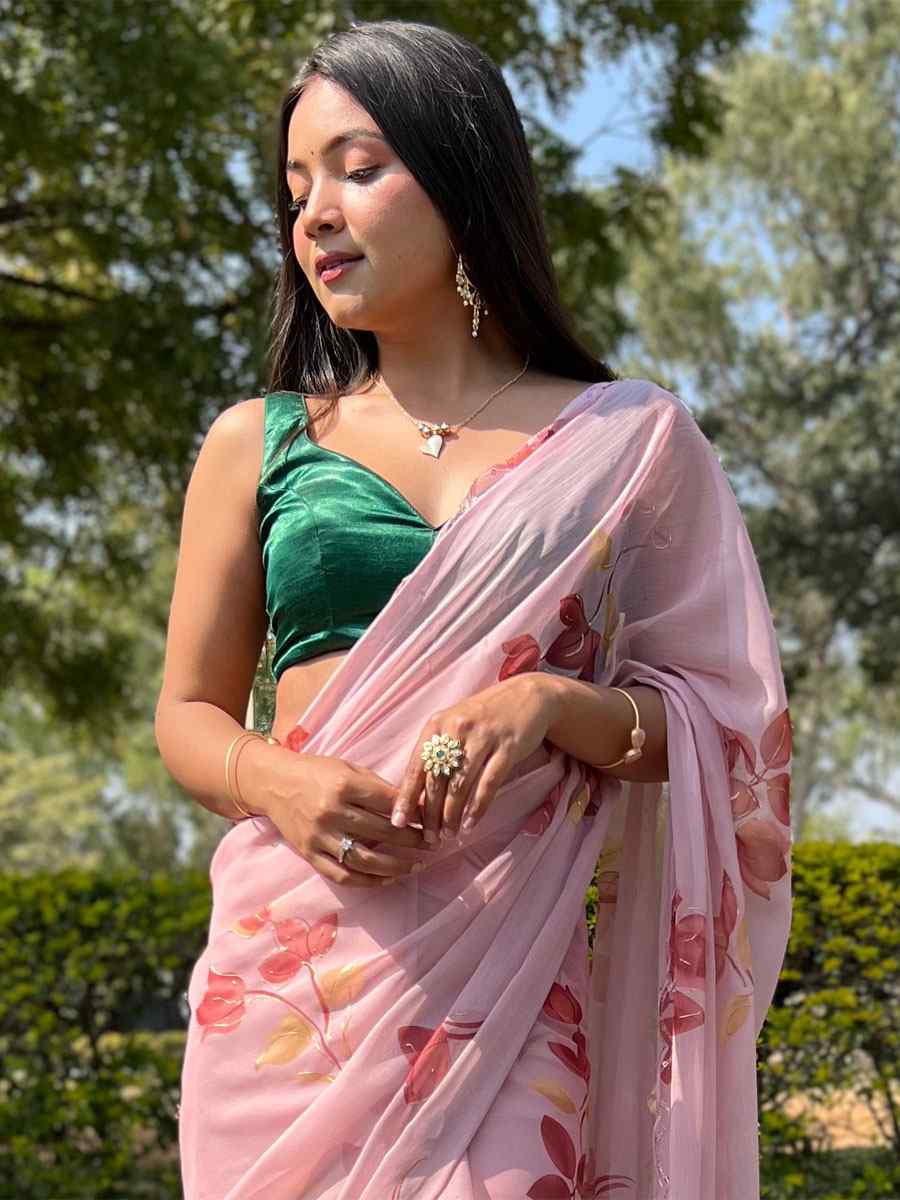 Pink Printed Party Festival Classic Style Saree