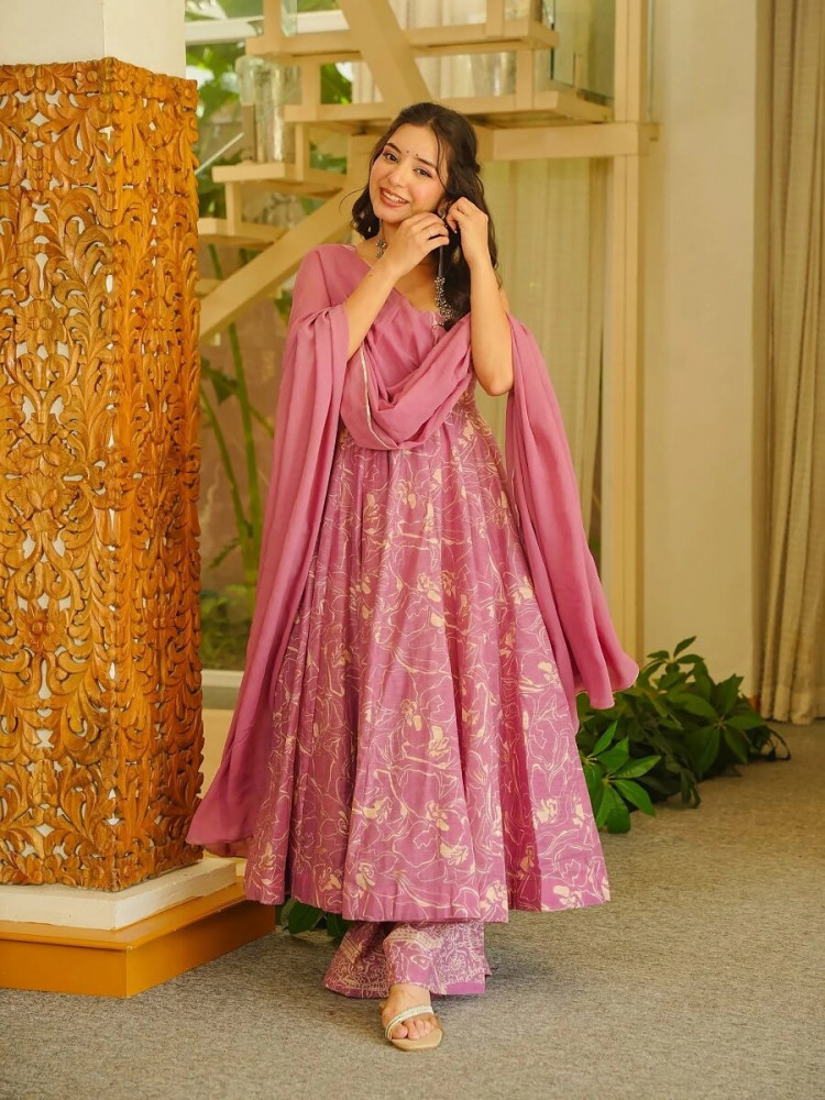 Image of Pink Printed Wedding Party Festival Casual Ready Anarkali Palazzo Pant Salwar Kameez