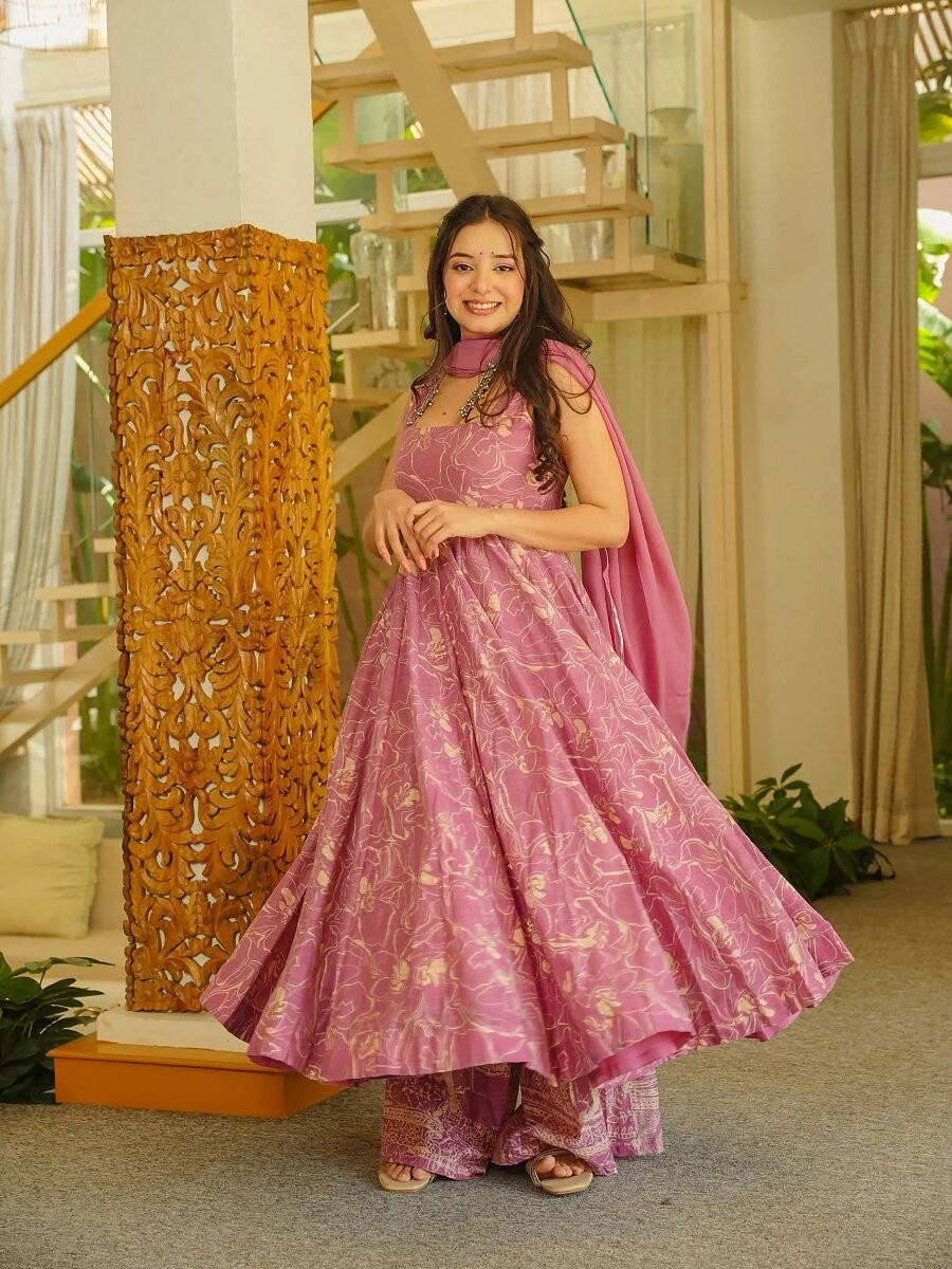 Pink Printed Wedding Party Festival Casual Ready Anarkali Palazzo Pant Salwar Kameez