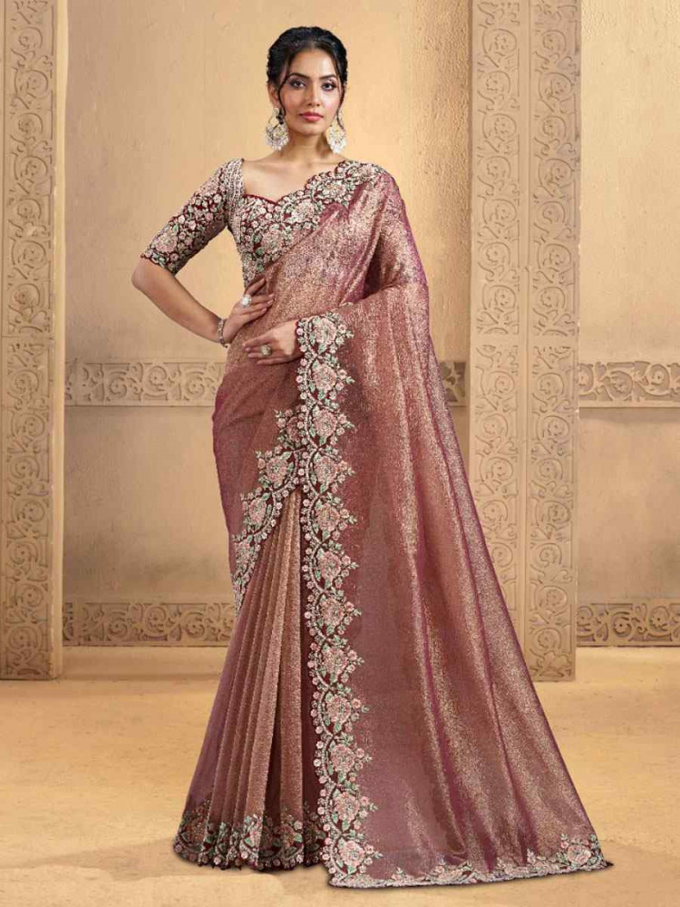 Image of Pink Pure Banarasi Crush Embroidery Bridal Reception Party Festival Wedding Fancy Heavy Border Sarees