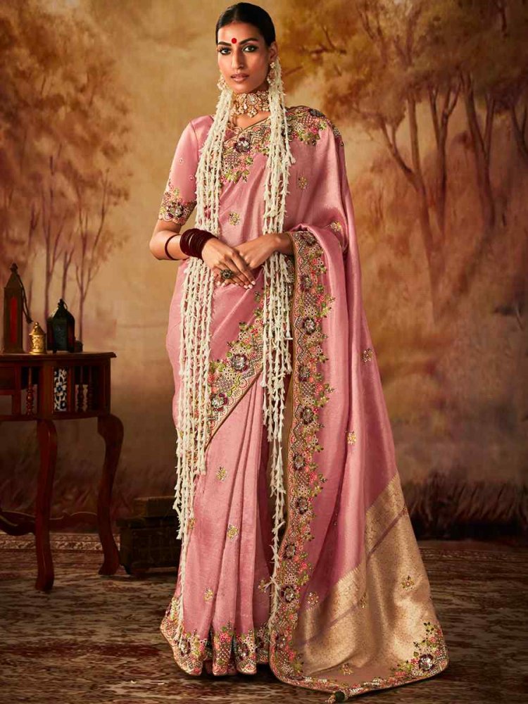 Pink Pure Banarasi Kanjivaram Embroidered Reception Party Heavy Border Saree